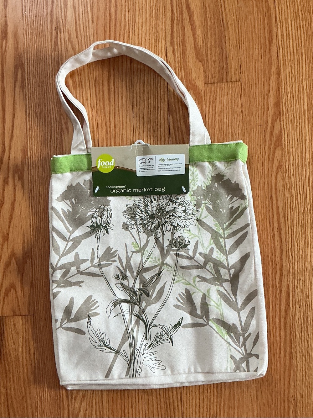 Food Network 100% organic cotton Green and Cream Floral Tote Bag
